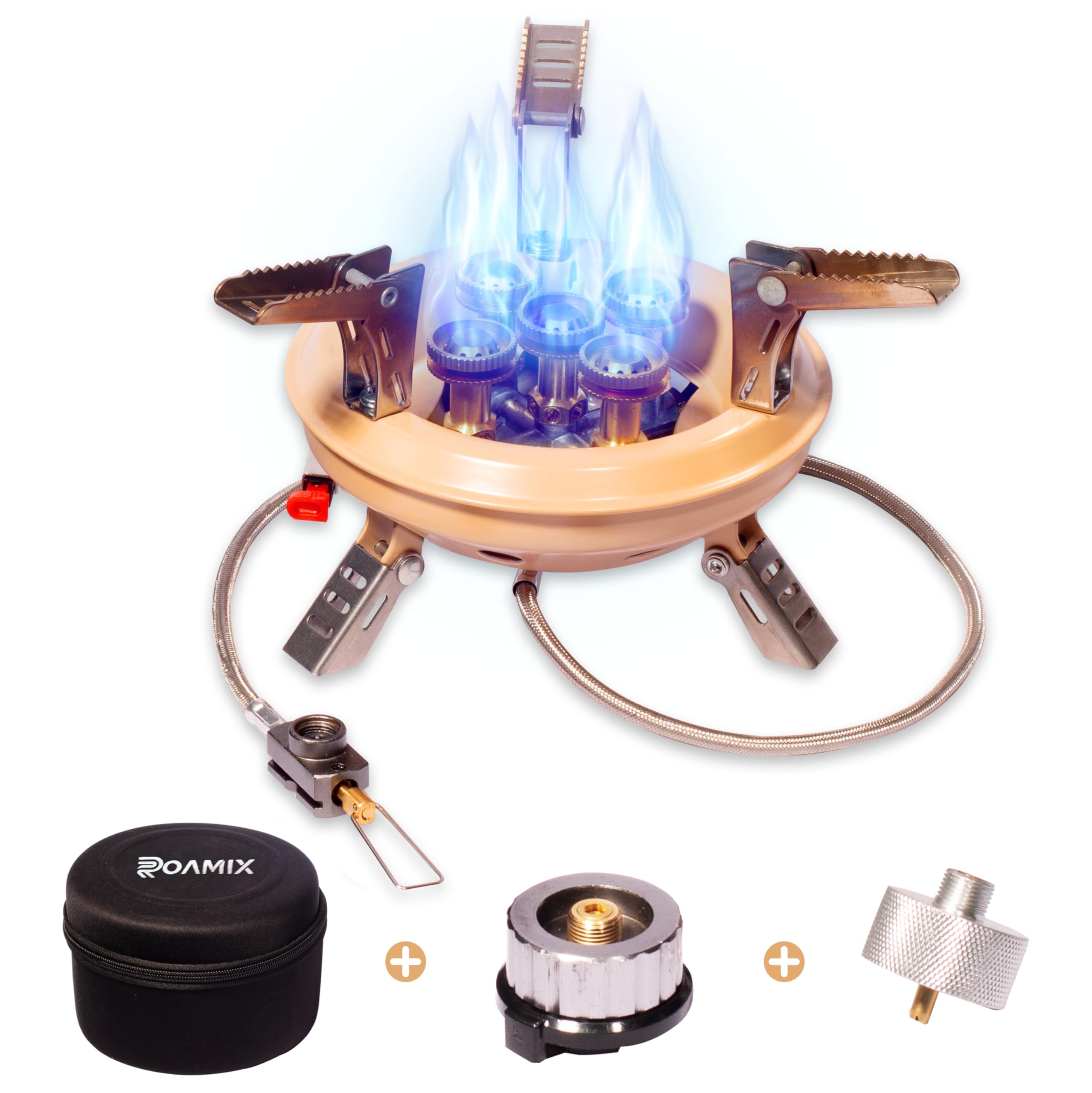 Roamix stove collapsible burner closed for compact backpacking storage and quick setup.