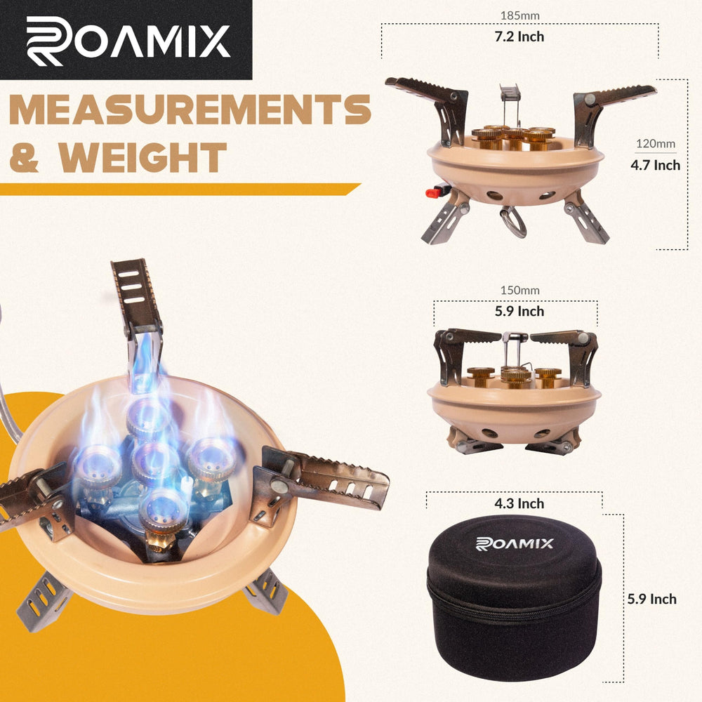 Roamix stove collapsible burner open showing compact camp cooking surface.