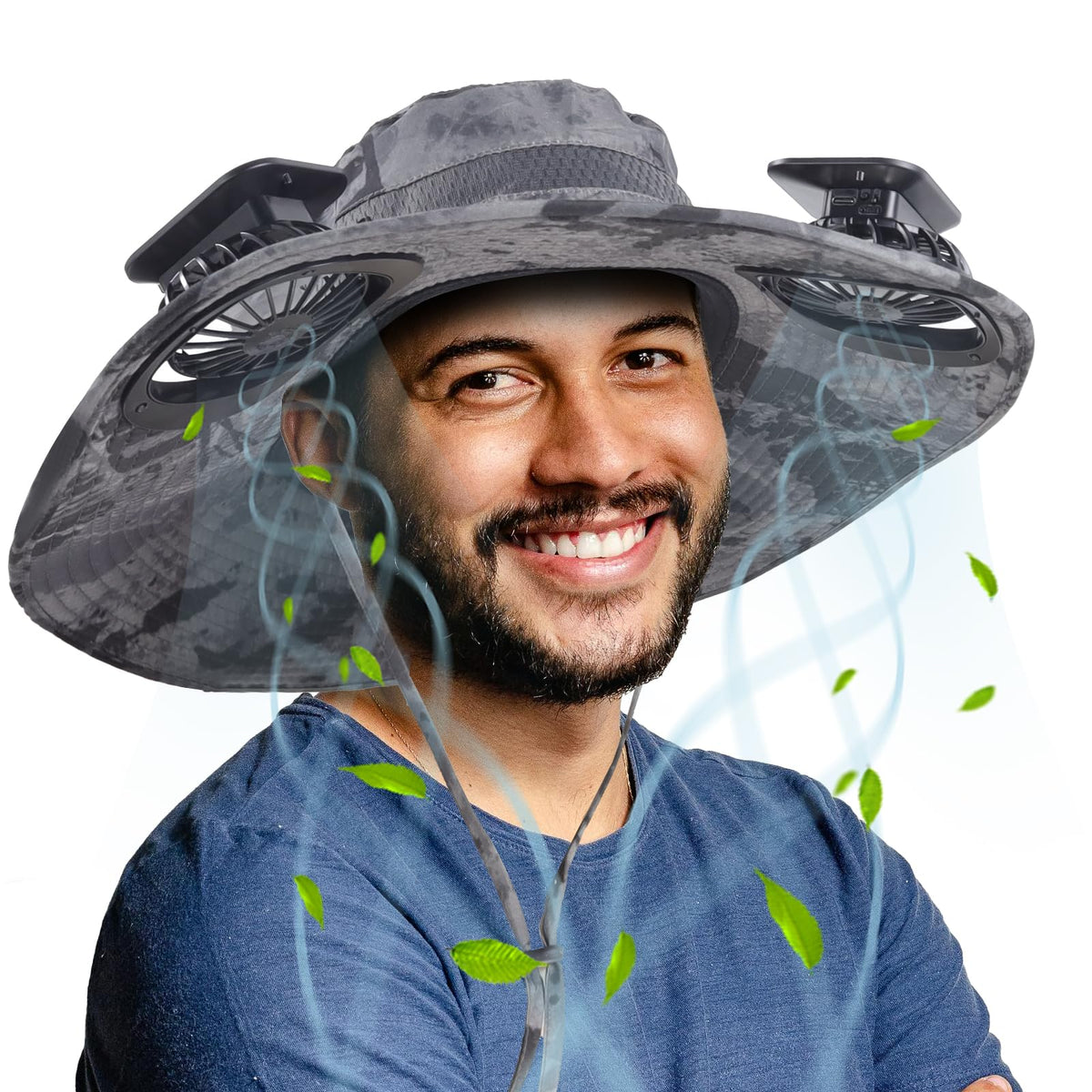 RoamRider wide brim hat front view with two solar fans