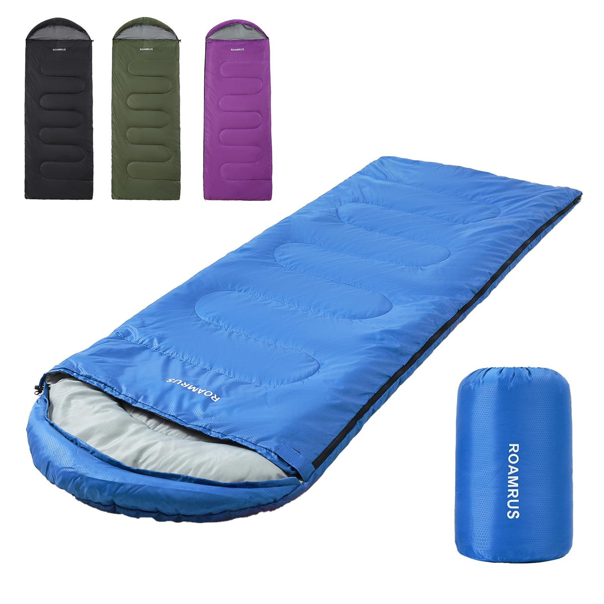 ROAMRUS 3-Season sleeping bag front view shows roomy design for versatile camping comfort.