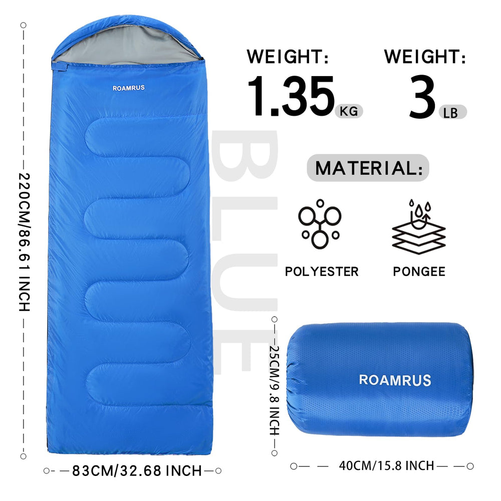 ROAMRUS 3-Season sleeping bag in storage sack demonstrates portable travel-ready gear.