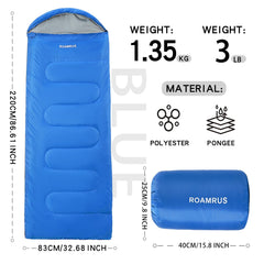 ROAMRUS 3-Season sleeping bag in storage sack demonstrates portable travel-ready gear.