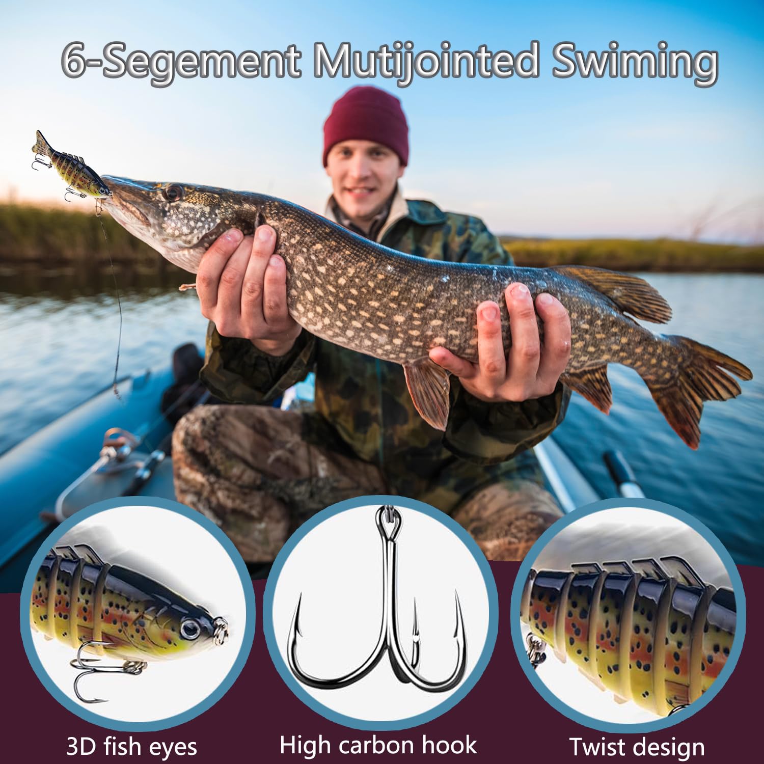 Six-segment jointed lure designed for freshwater and saltwater