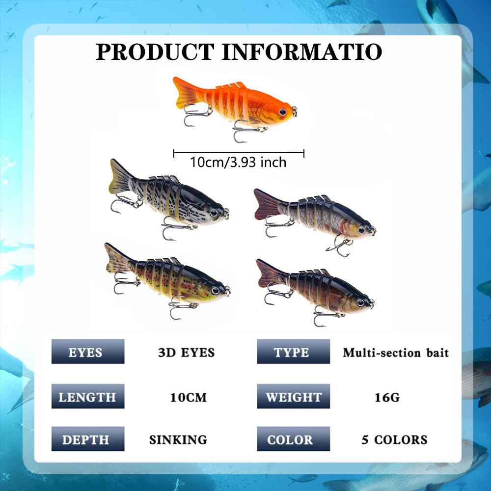 Five robotic fishing lures with storage box