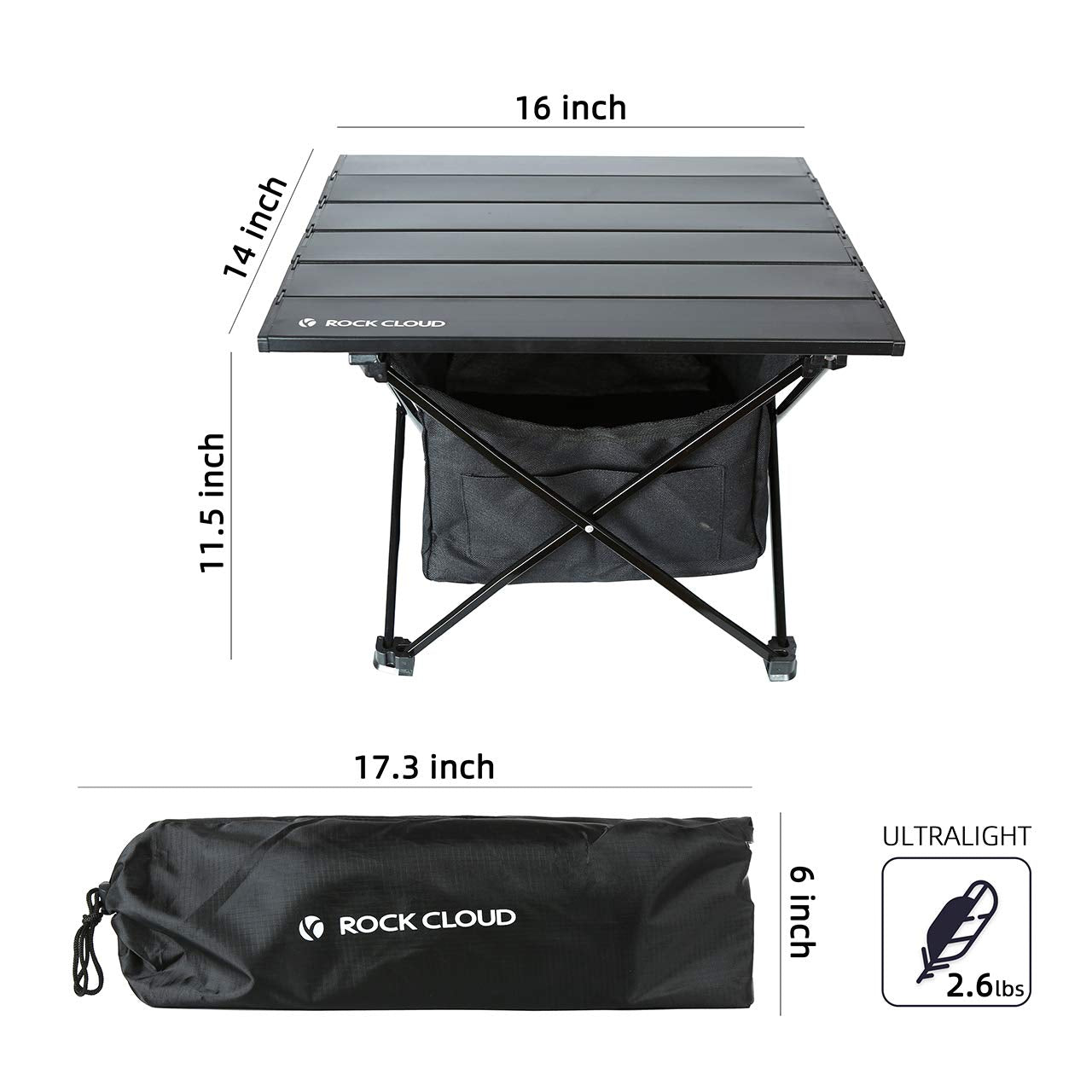 ROCK CLOUD storage bag 600D polyester attached to table for convenient gear organization.