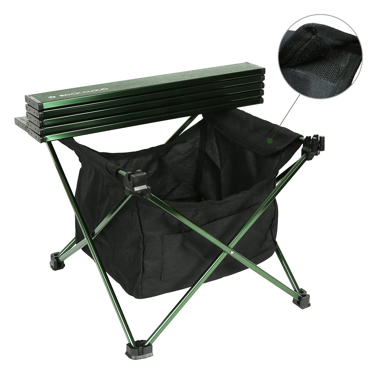 Rock Cloud storage bag attached to table with Velcro for organized gear