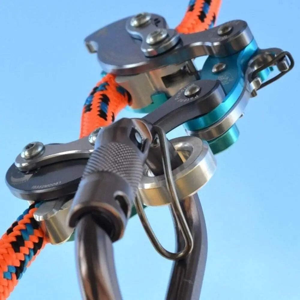 Rock Exotica Akimbo on moving rope system enables smooth positioning on dynamic lines.