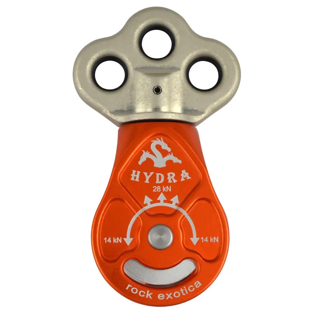 Rock Exotica Hydra Pulley showing triple attachment points for versatile rigging setups