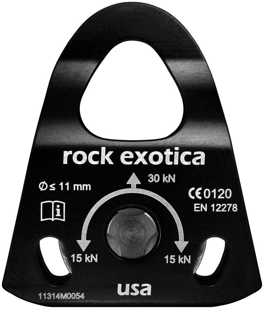 Rock Exotica Machined Pulley close-up with recessed axle for snag-free rigging.