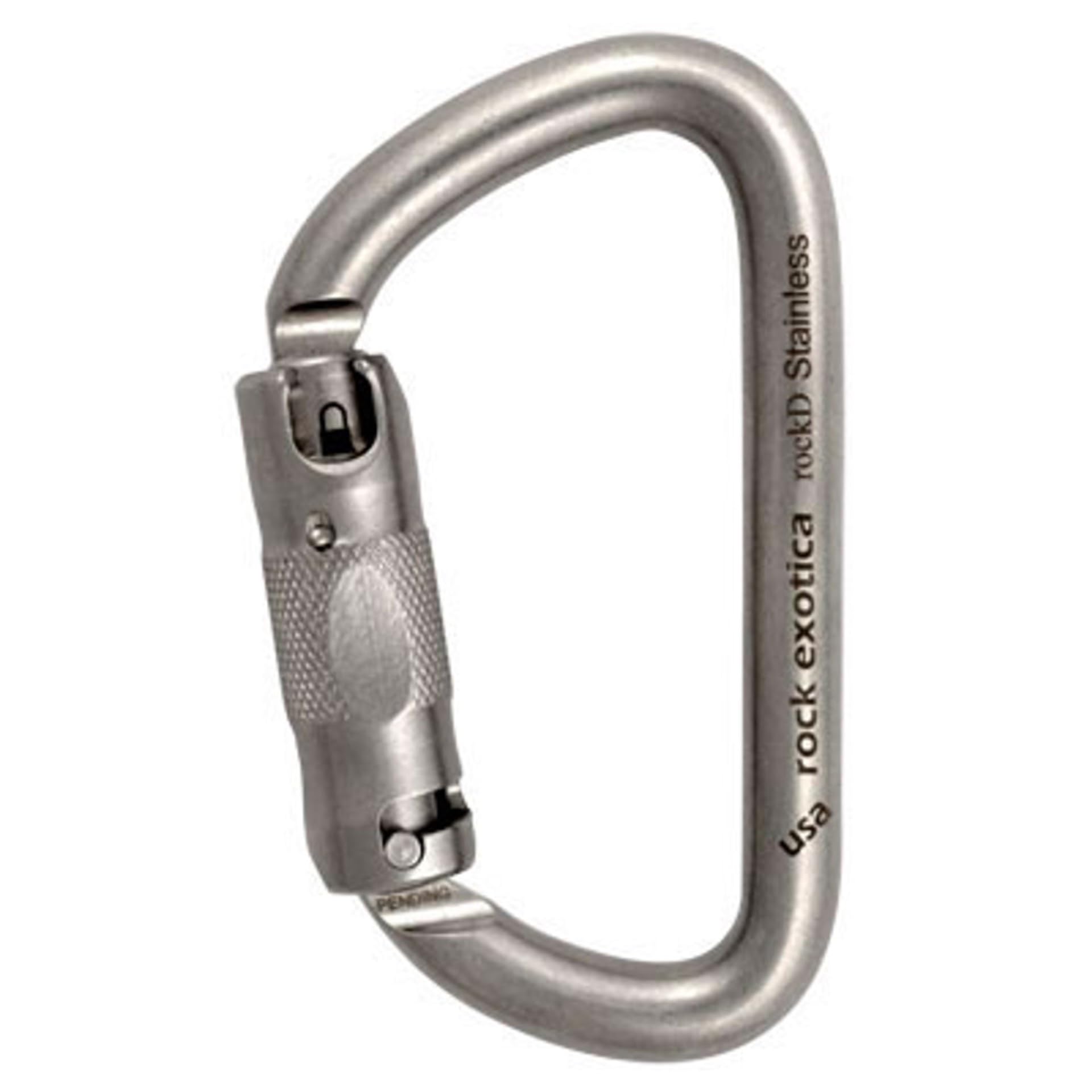Rock Exotica Rock-D Auto-Lock steel carabiner for rugged climbing with corrosion resistance.