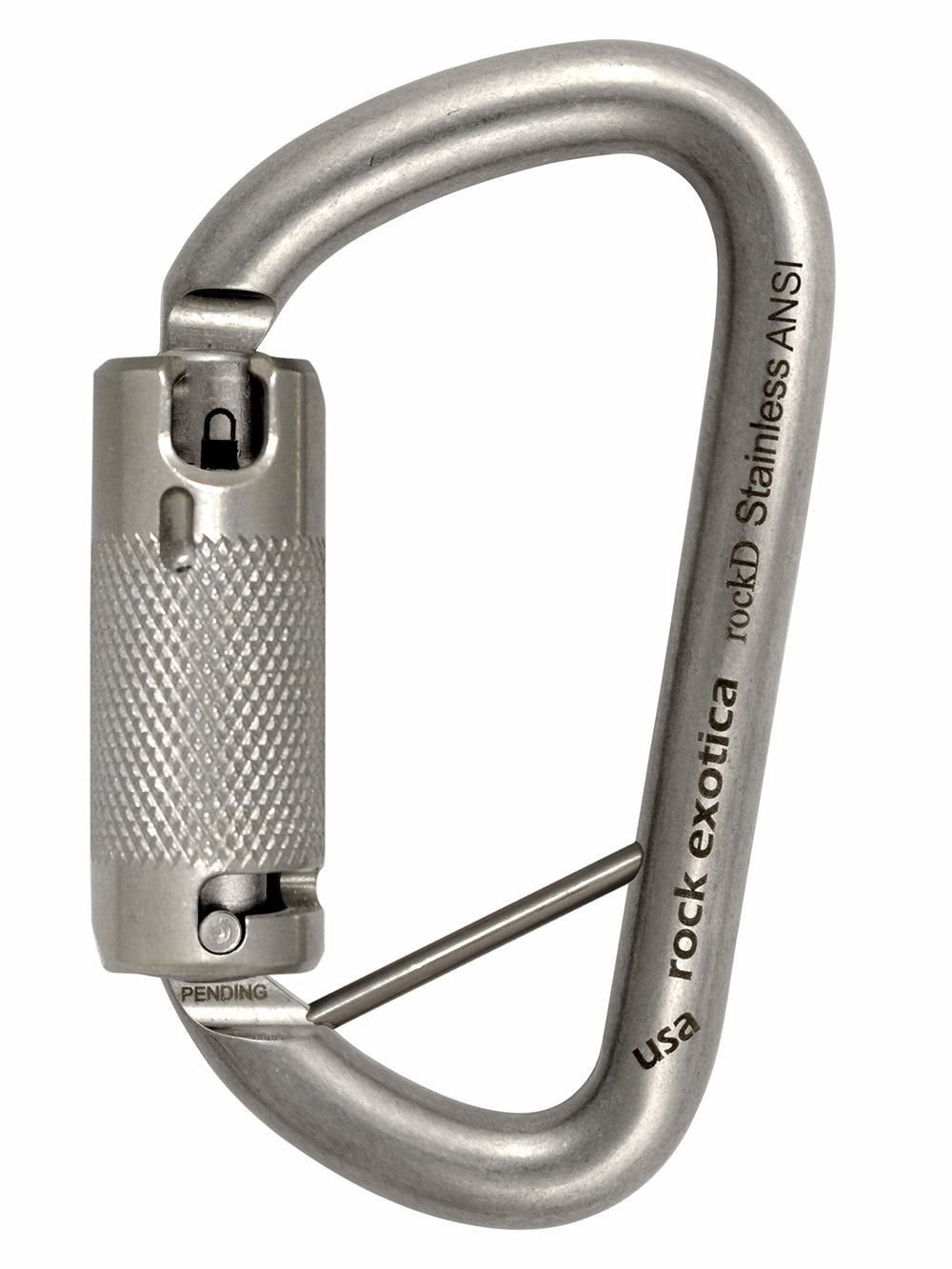 Rock Exotica rockD ANSI carabiner with lanyard pin for secure gear attachment.