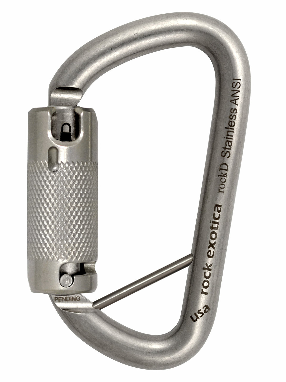 Rock Exotica rockD ANSI carabiner with lanyard pin for secure gear attachment.