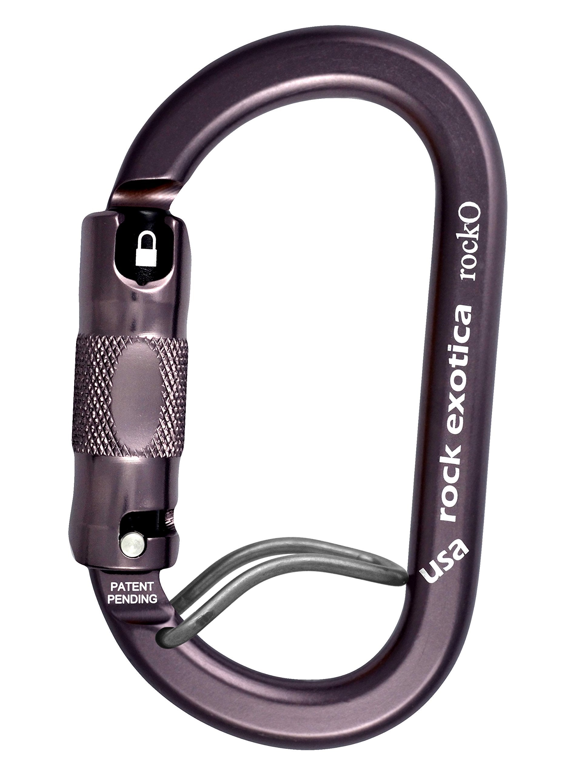 Rock Exotica Rocko WireEye auto-locking carabiner viewed from side, secure locking