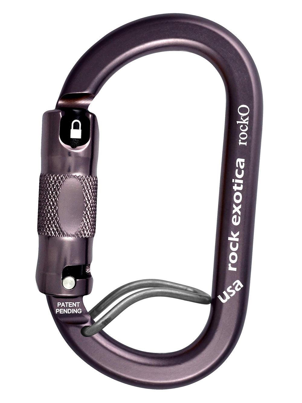Rock Exotica Rocko WireEye auto-locking carabiner viewed from side, secure locking