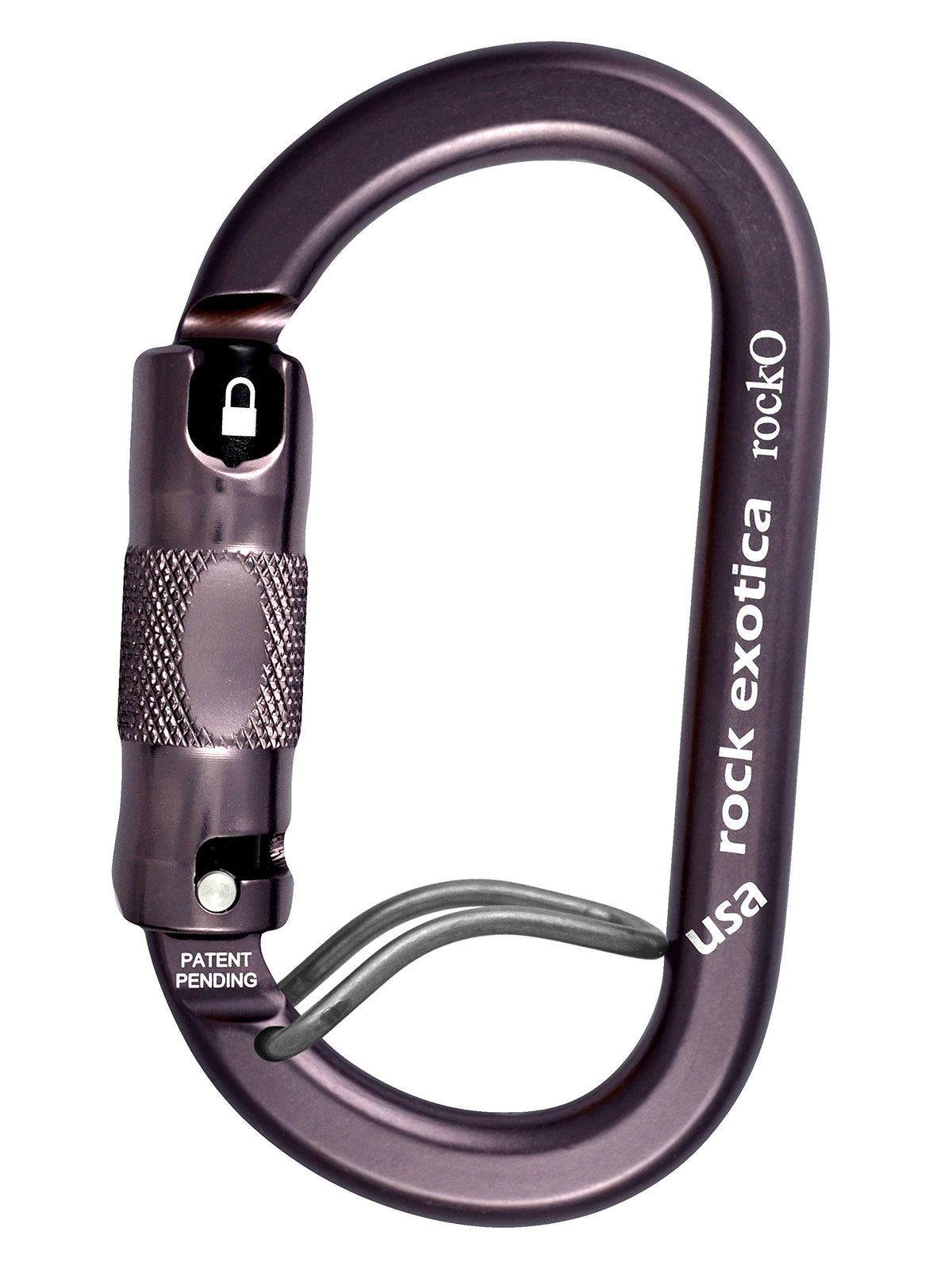 Rock Exotica Rocko WireEye auto-locking carabiner viewed from side, secure locking