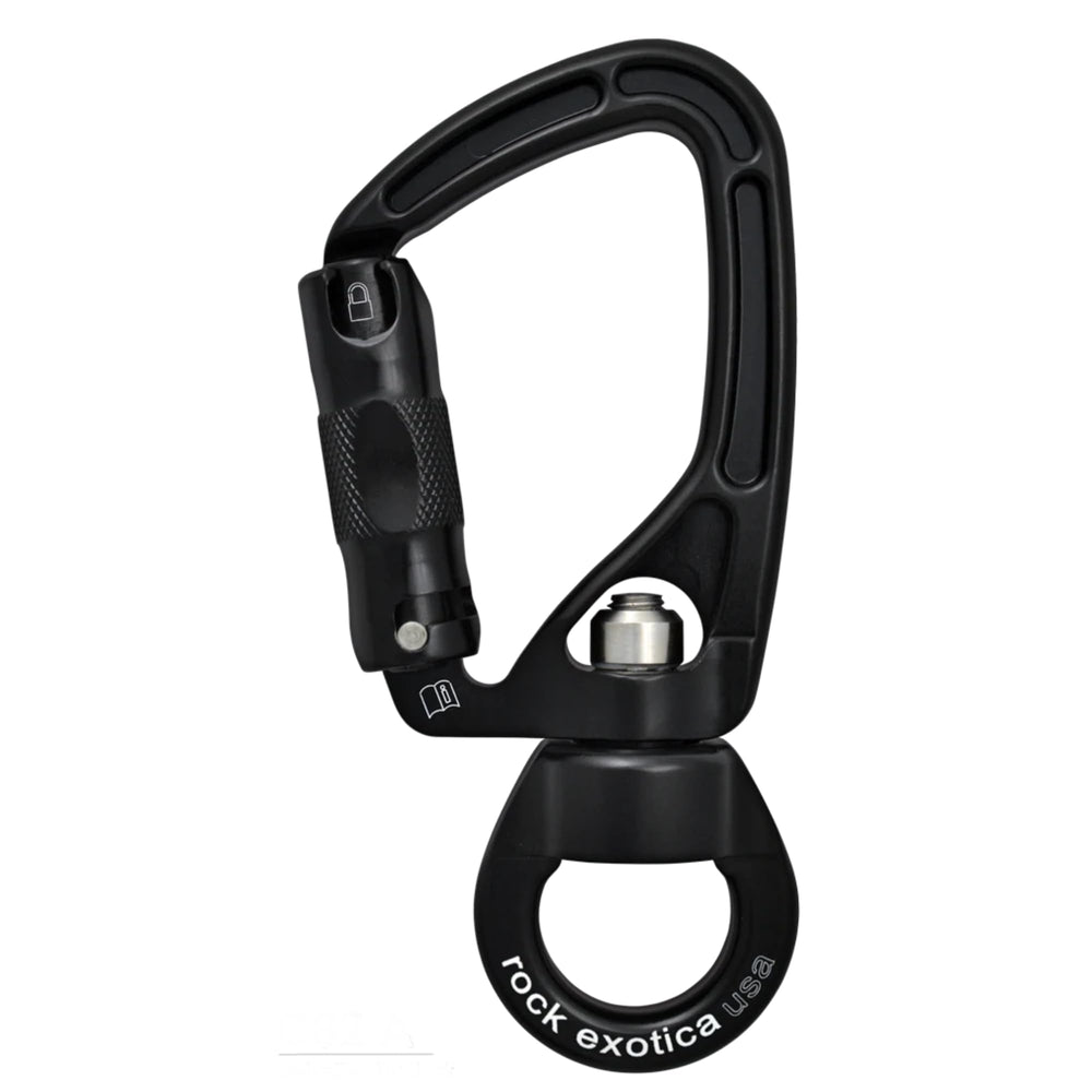 Rock Exotica SwivaEye carabiner with integrated swivel for smooth rotations in climbing and rigging.
