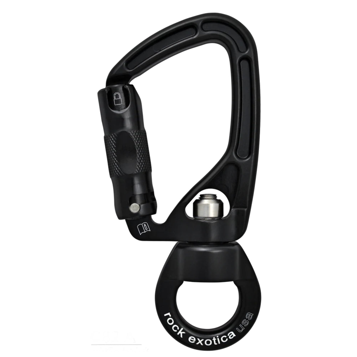 Rock Exotica SwivaEye carabiner with integrated swivel for smooth rotations in climbing and rigging.
