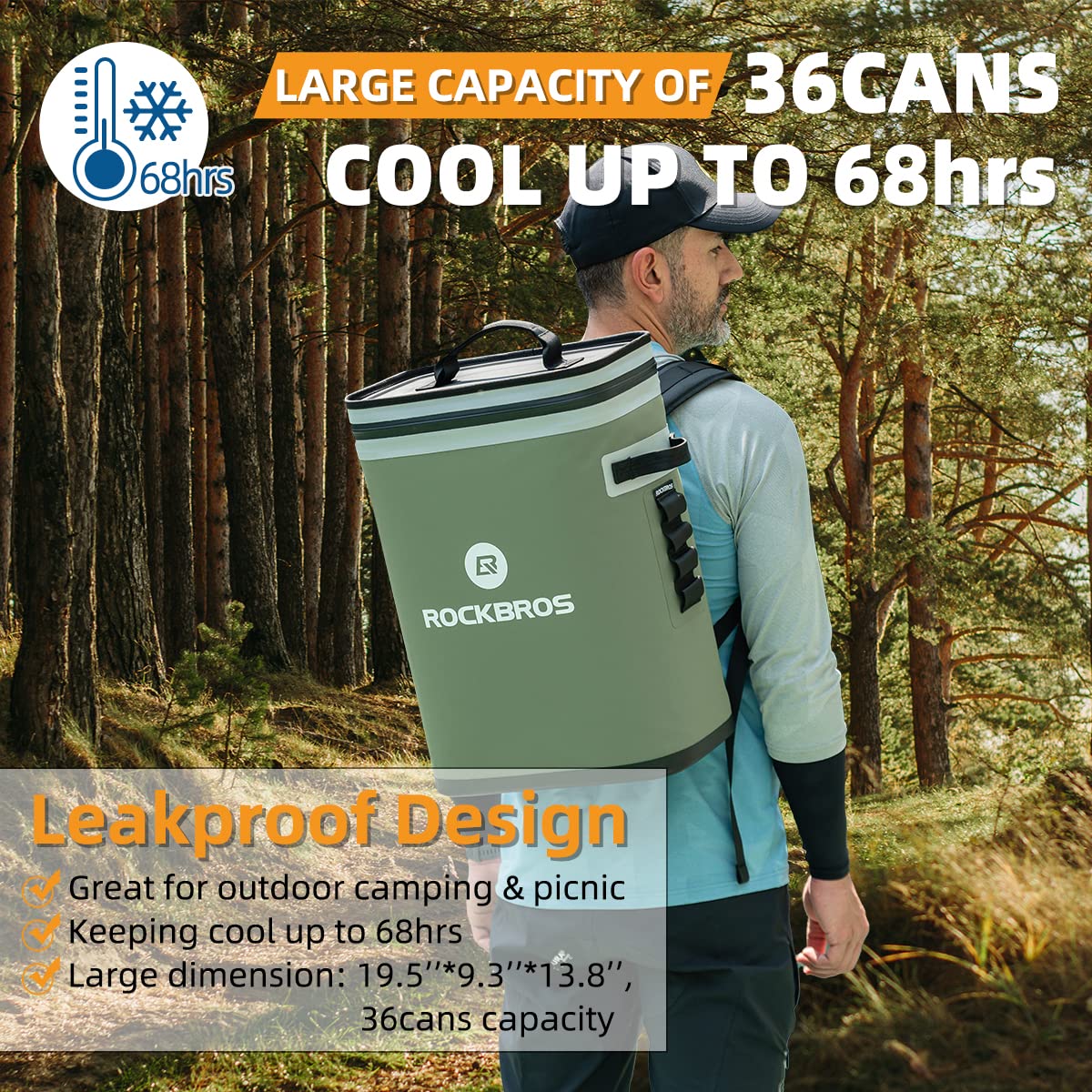 RockBros Backpack Cooler green fabric shows durable waterproof exterior for outdoor use.