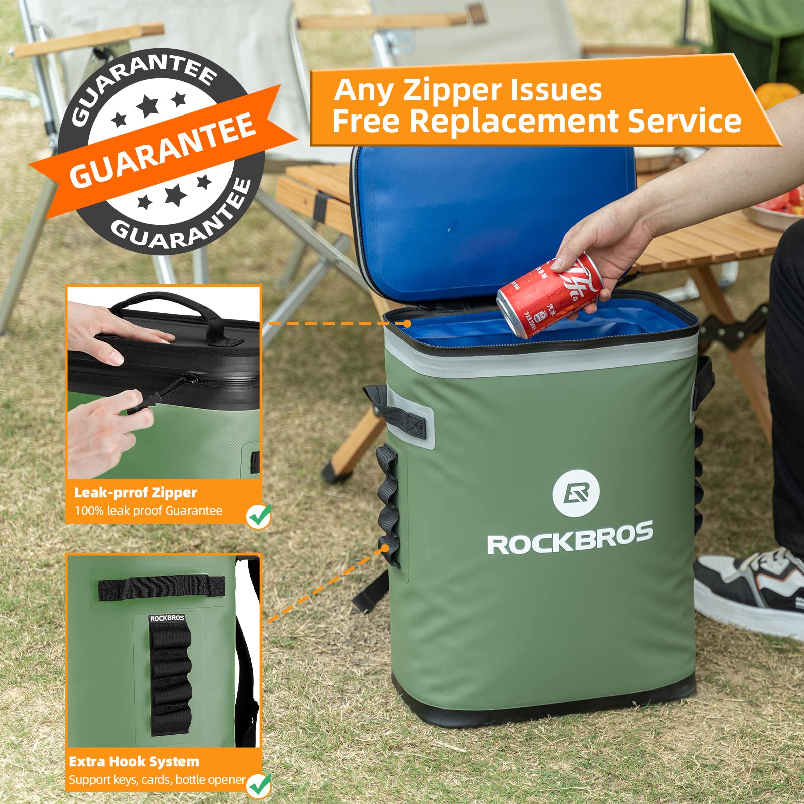 RockBros Backpack Cooler side view demonstrates spacious carry capacity for 36 cans.