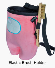 Rockbuddy chalk bag in use during bouldering with quick-clip belt for easy wear.