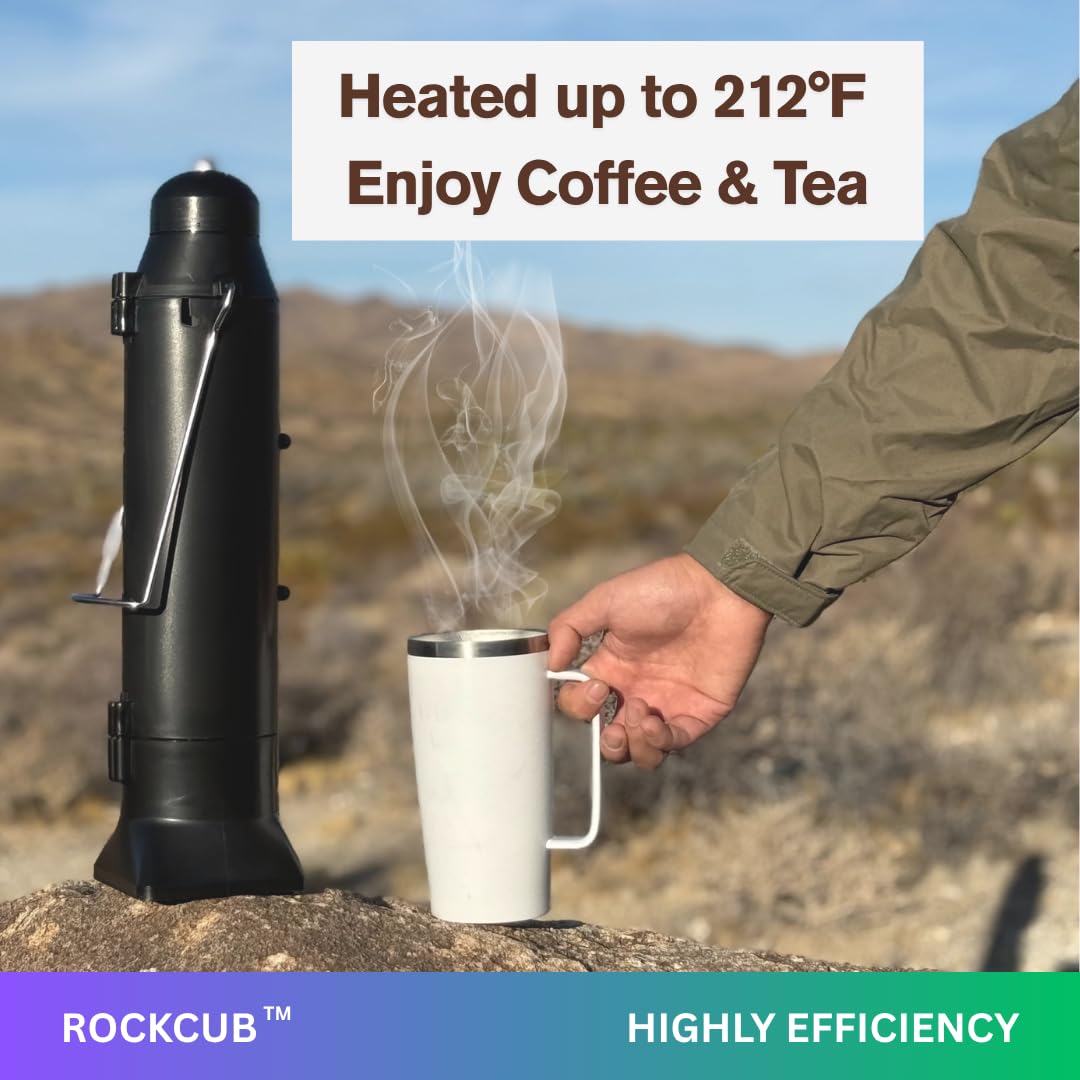Rockcub Solar Kettle on camping table ready for hot beverages.