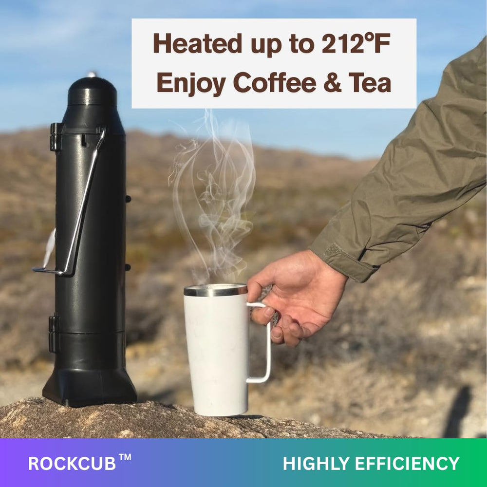 Rockcub Solar Kettle on camping table ready for hot beverages.