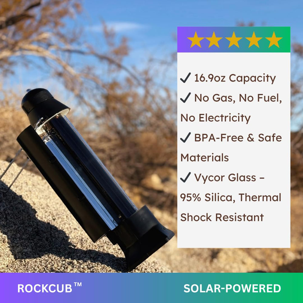 Rockcub Solar Kettle basking in sun demonstrates quick solar heating outdoors.
