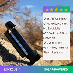 Rockcub Solar Kettle basking in sun demonstrates quick solar heating outdoors.