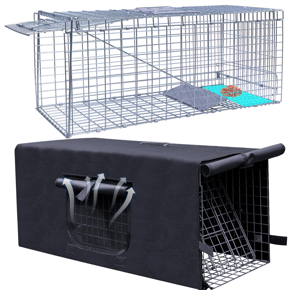 Rockever 42-inch live-animal-trap-cage-cover in use for privacy during capture.