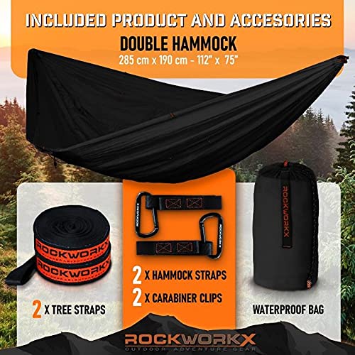ROCKWORKX camping hammock-accessories: includes straps and carabiners for sturdy setup.