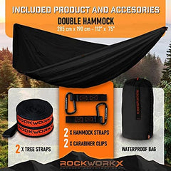 ROCKWORKX camping hammock-accessories: includes straps and carabiners for sturdy setup.