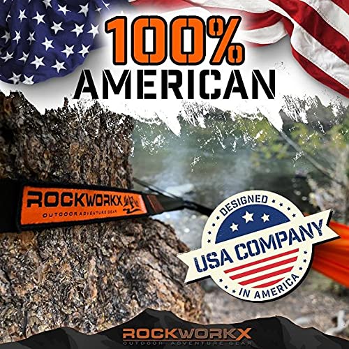ROCKWORKX camping hammock double setup ready for two campers with durable carabiners