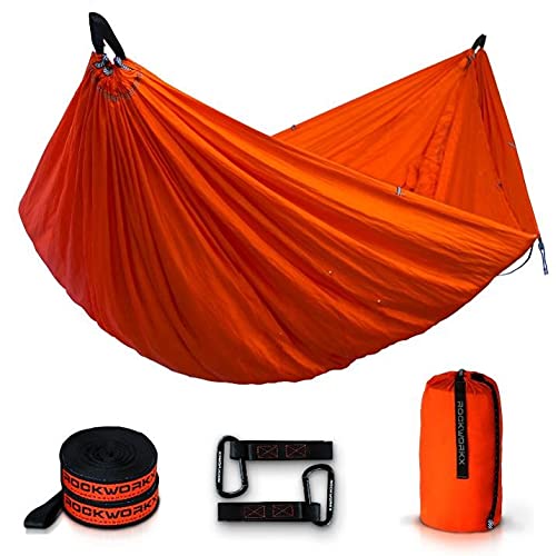 ROCKWORKX camping hammock with single setup for easy outdoor lounging.