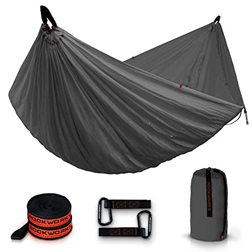 ROCKWORKX camping hammock single setup supports 500 lb for outdoor lounging