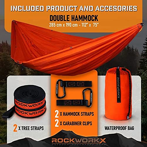 ROCKWORKX hammock provides weather shade for sun protection.