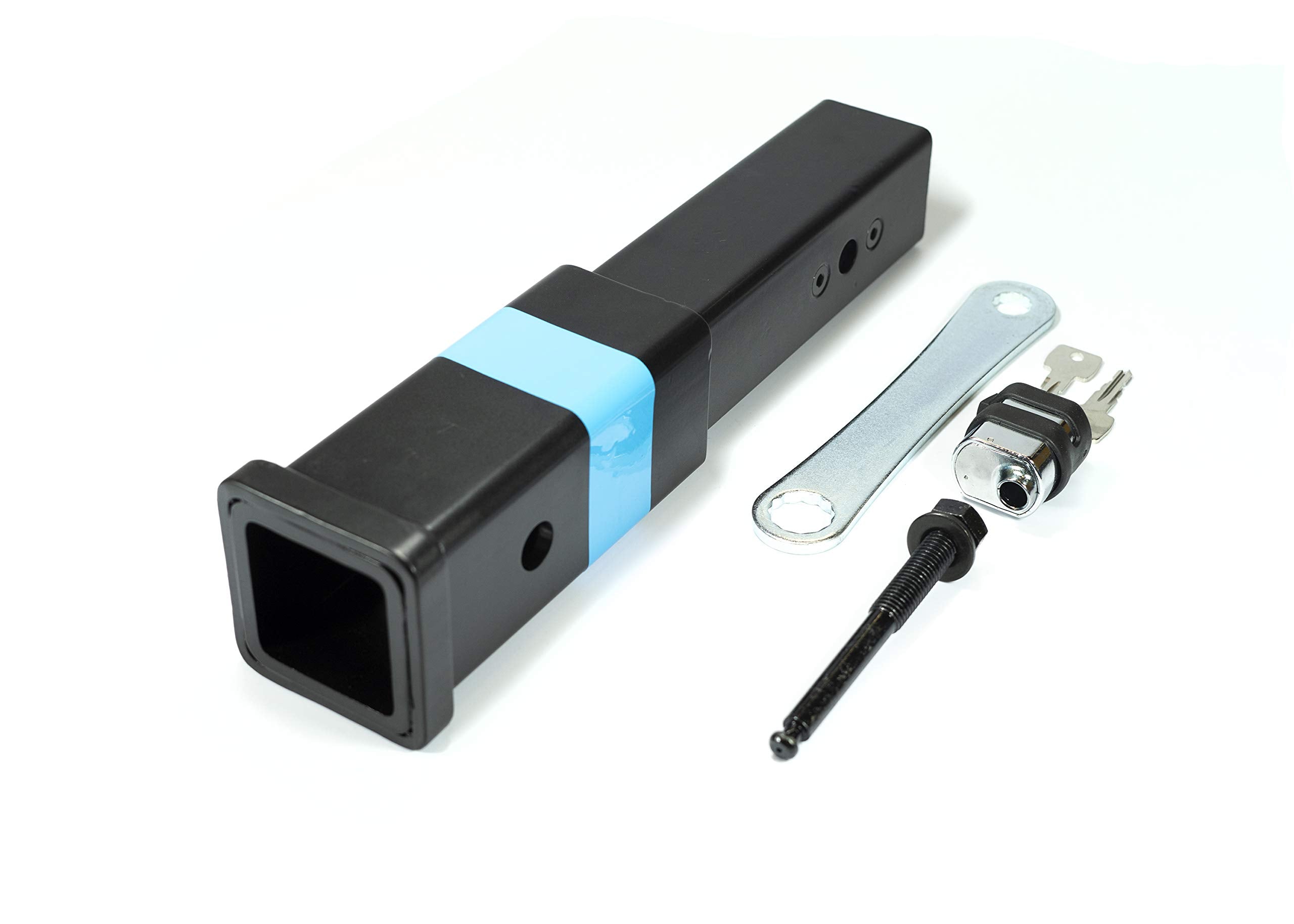 RockyMounts 8-inch LS hitch extension installed on vehicle demonstrates flat-fold rack compatibility.