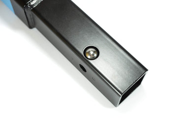 RockyMounts 8-inch LS hitch extension lock pod detail with rubber dust shutter.