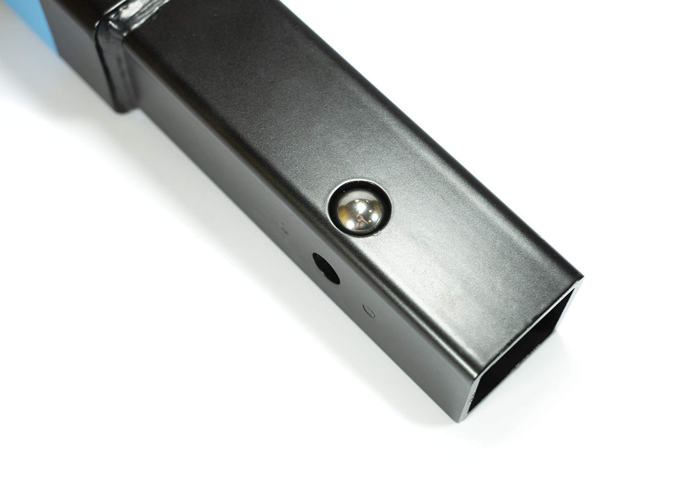 RockyMounts 8-inch LS hitch extension lock pod detail with rubber dust shutter.