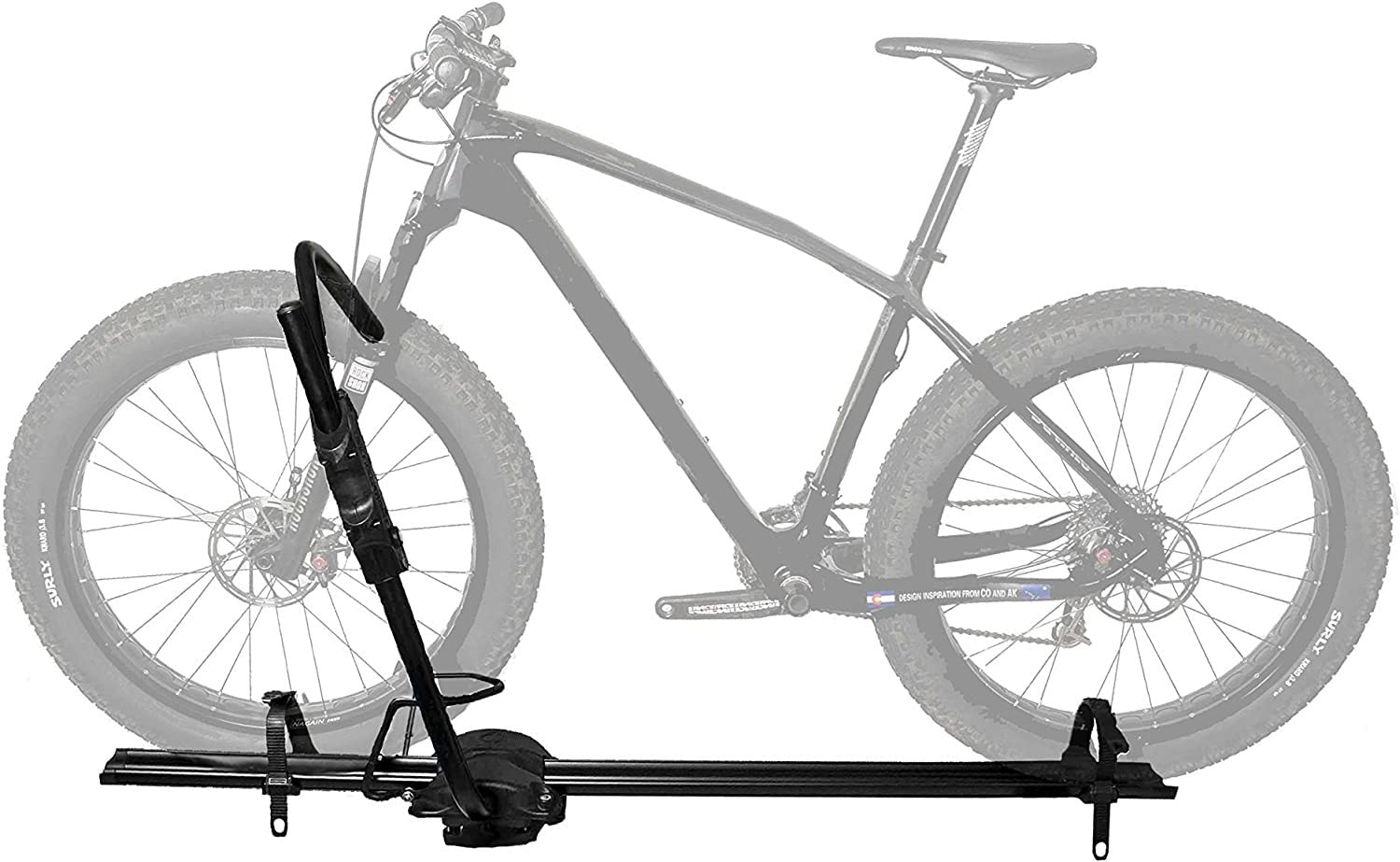 RockyMounts Tomahawk front wheel securement with no frame contact.