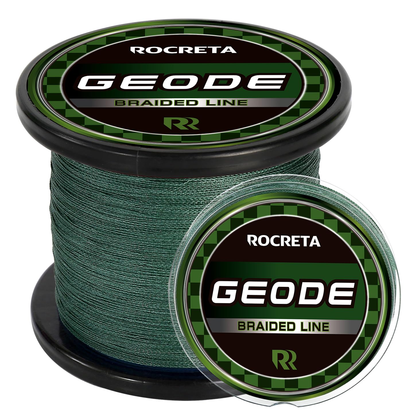 ROCRETA Geode braided line spool in moss green showing abrasion resistance.