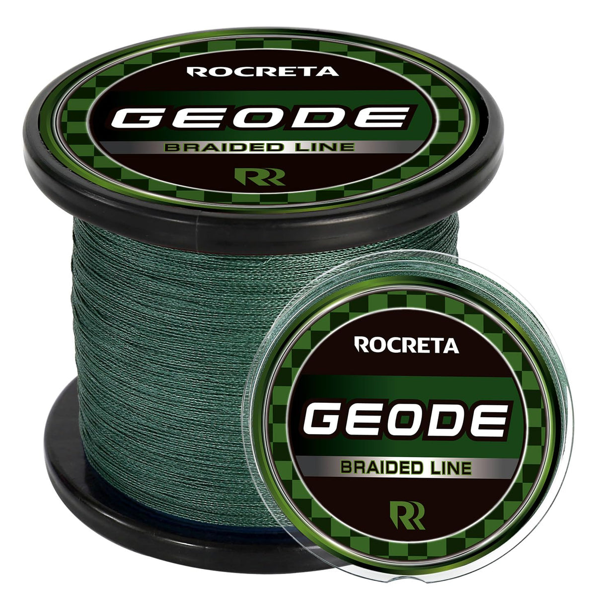 ROCRETA Geode braided line spool in moss green showing abrasion resistance.