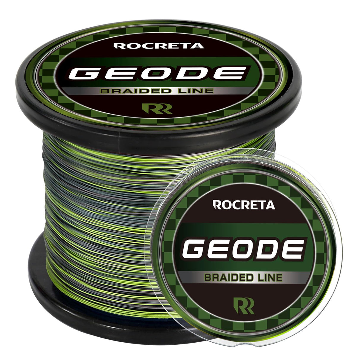 ROCRETA Geode braided line spool in camo green showing durable braid for steady casting.
