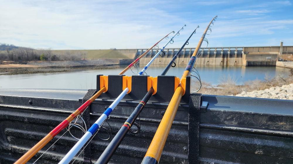 Rods secured in Rod Hauler during travel on a truck bed