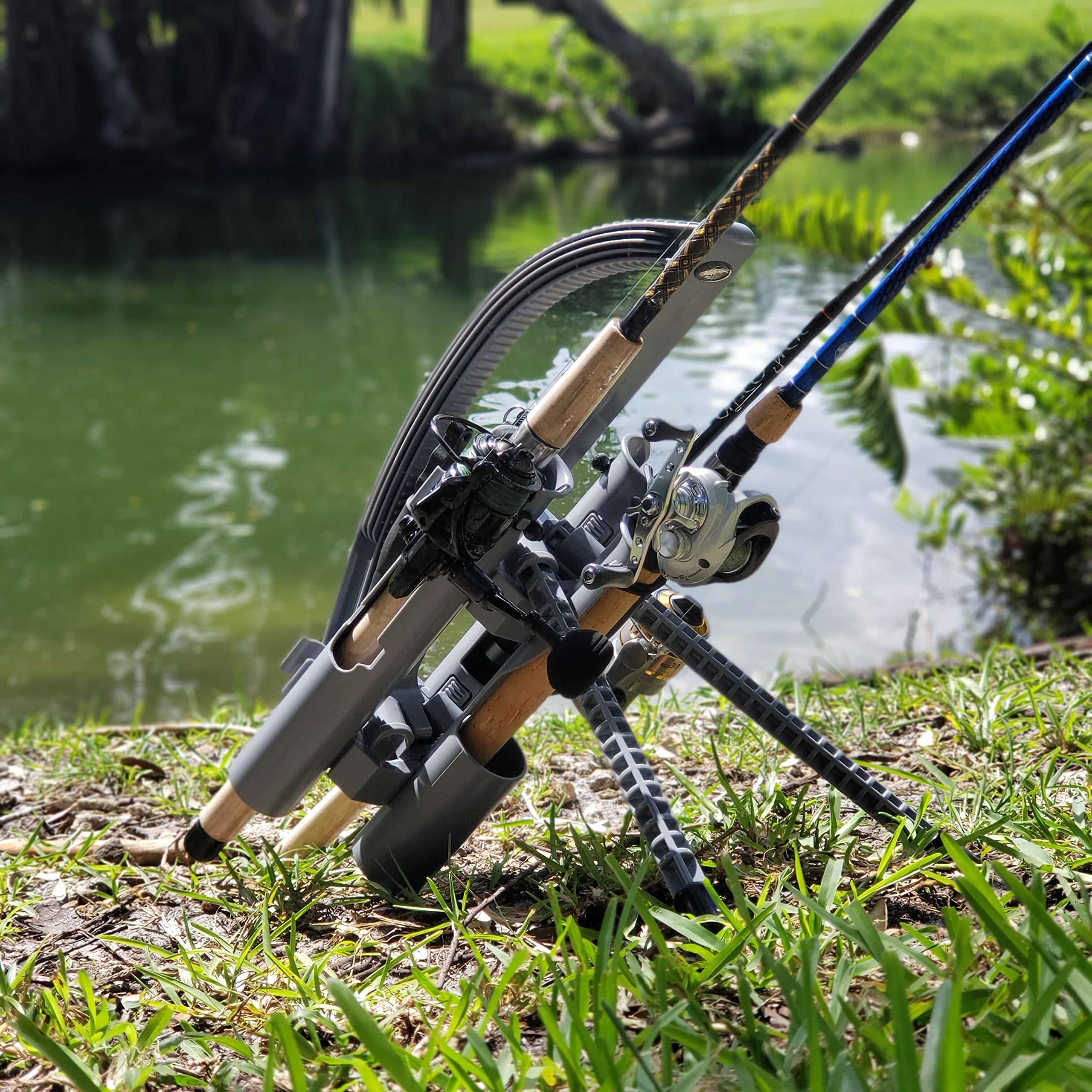 Rod-Runner Express 3 Rod Carrier gray side angle shows secure reel protection.
