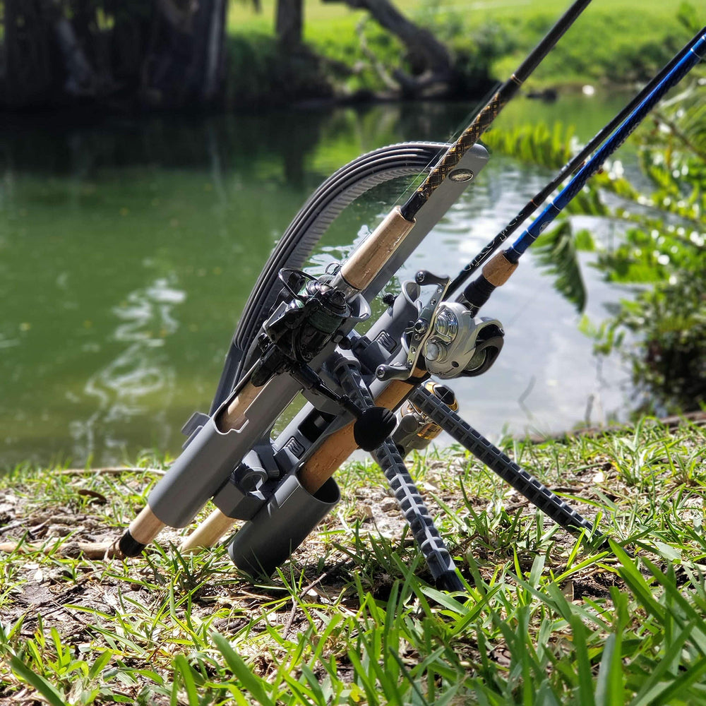 Rod-Runner Express 3 Rod Carrier gray side angle shows secure reel protection.