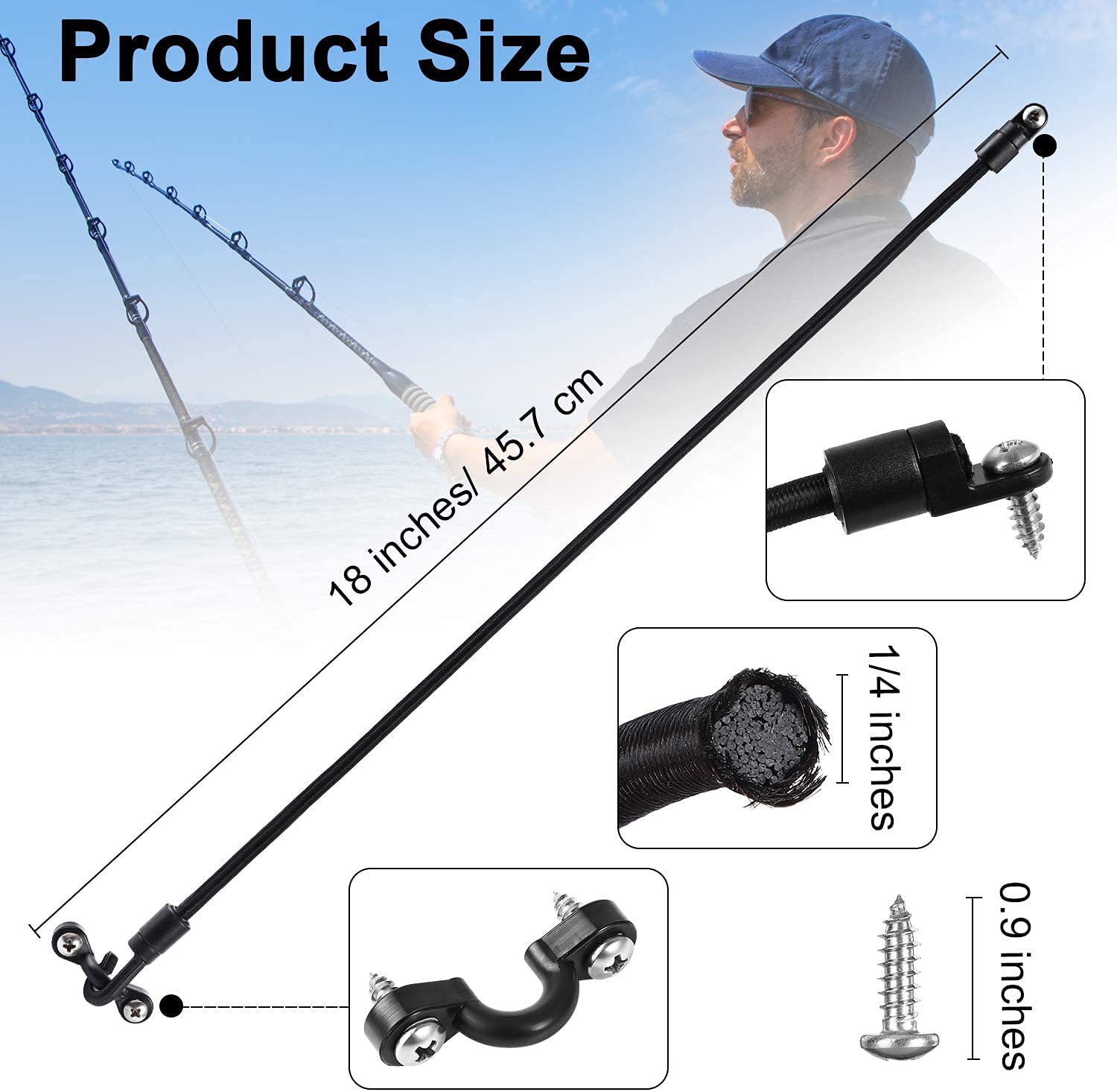 Close-up of a 12 inch rod strap securing a rod on a boat