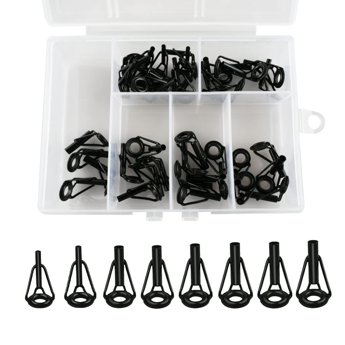 40-piece black stainless steel rod tip repair kit with ceramic rings laid out showing 8 sizes