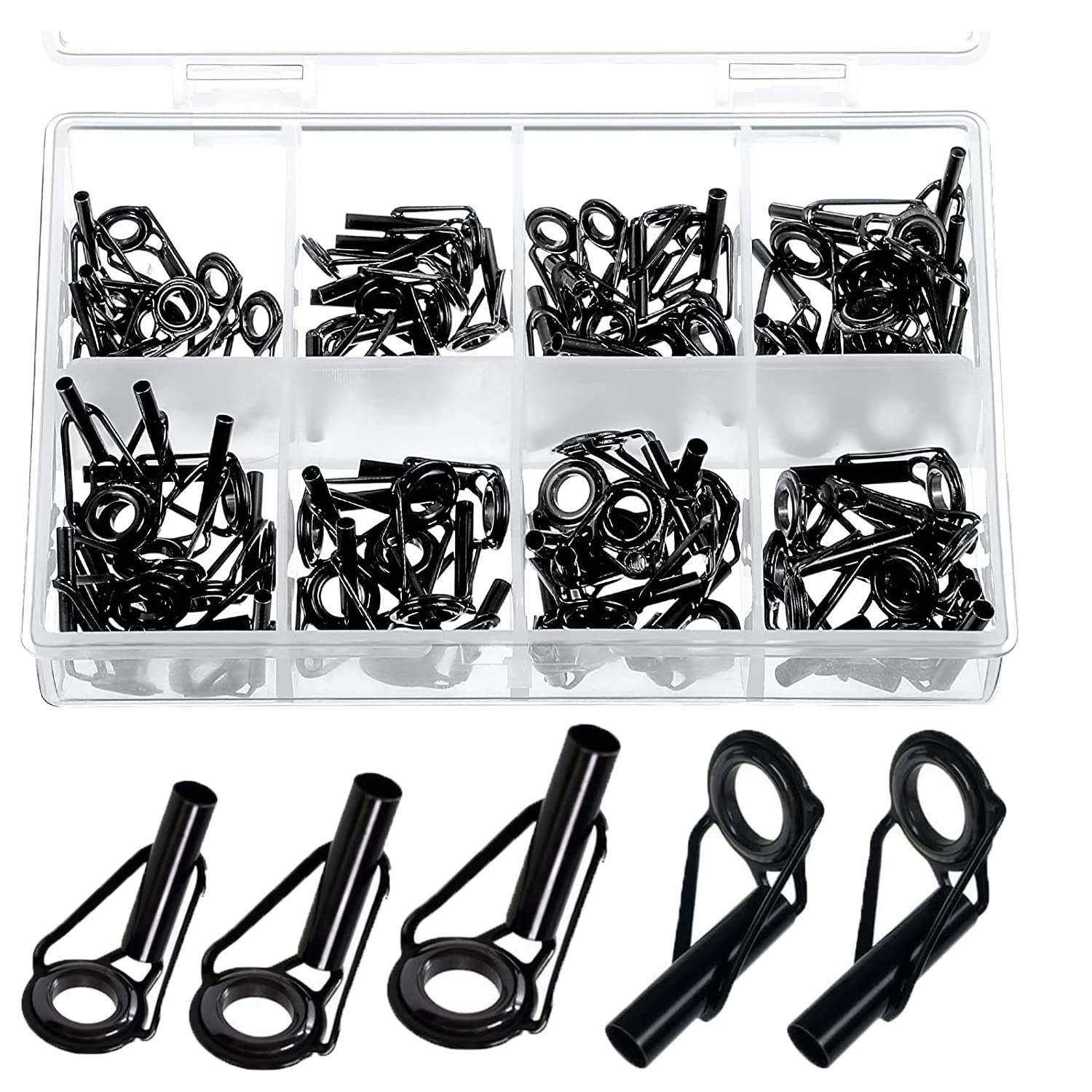 50 piece rod tip repair kit in black box packaging with stainless steel frame and ceramic rings