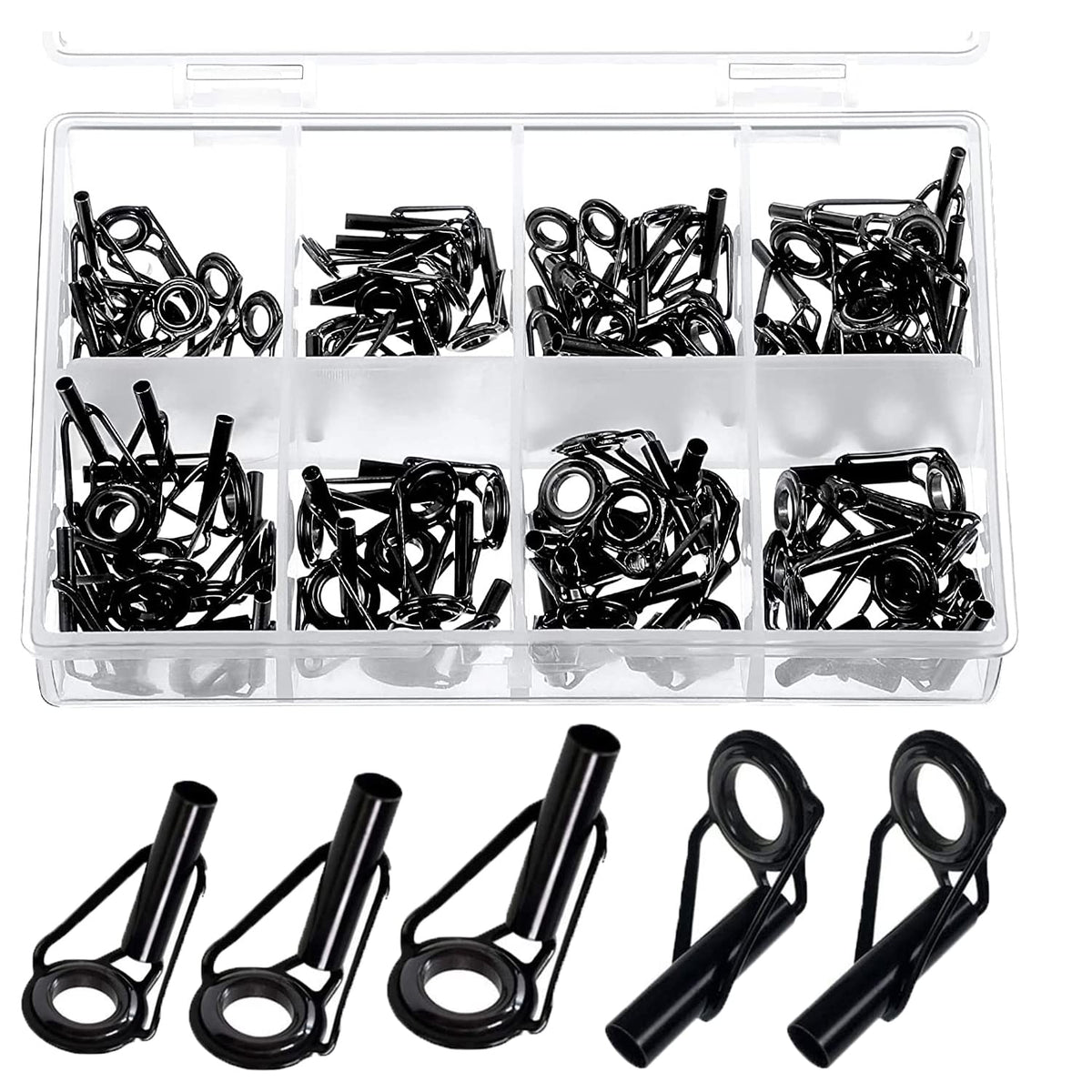 50 piece rod tip repair kit in black box packaging with stainless steel frame and ceramic rings