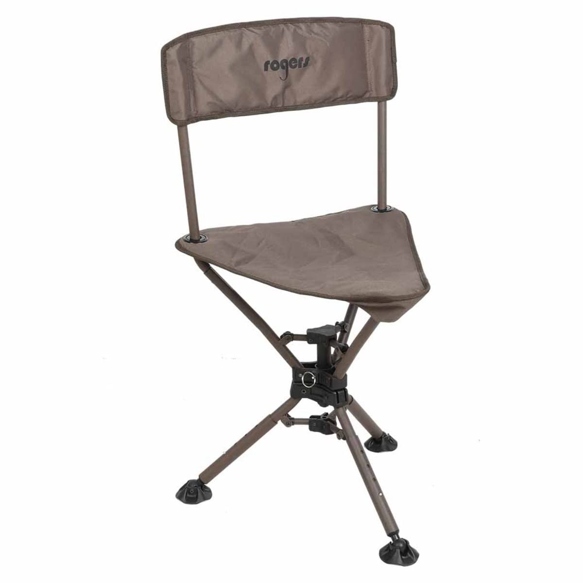 Rogers Tough Hunter 360 swivel chair in brown, side view on uneven terrain for stability
